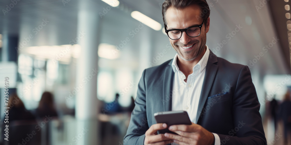 Smiling Businessman in Airport Terminal Melding Business and Travel, Staying Connected with Digital Tablet Smiling Businessman in Airport Terminal Melding Business and Travel, Staying Connected with Digital Tablet