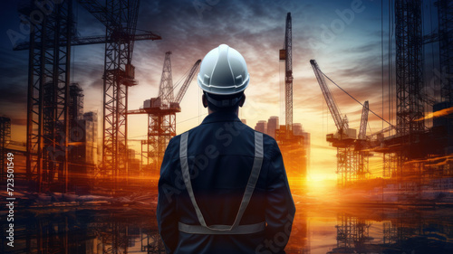engineer posing with arms crossed and the tower and Crane on sunset and white background