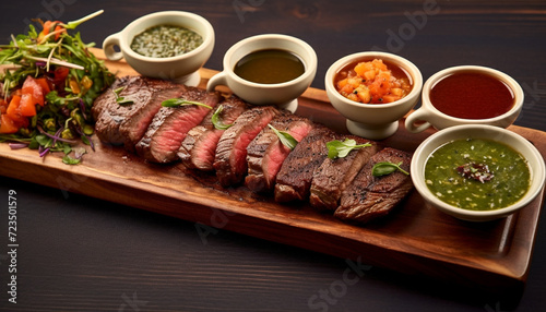 Grilled steak, juicy and tender, ready to eat with savory sauce generated by AI