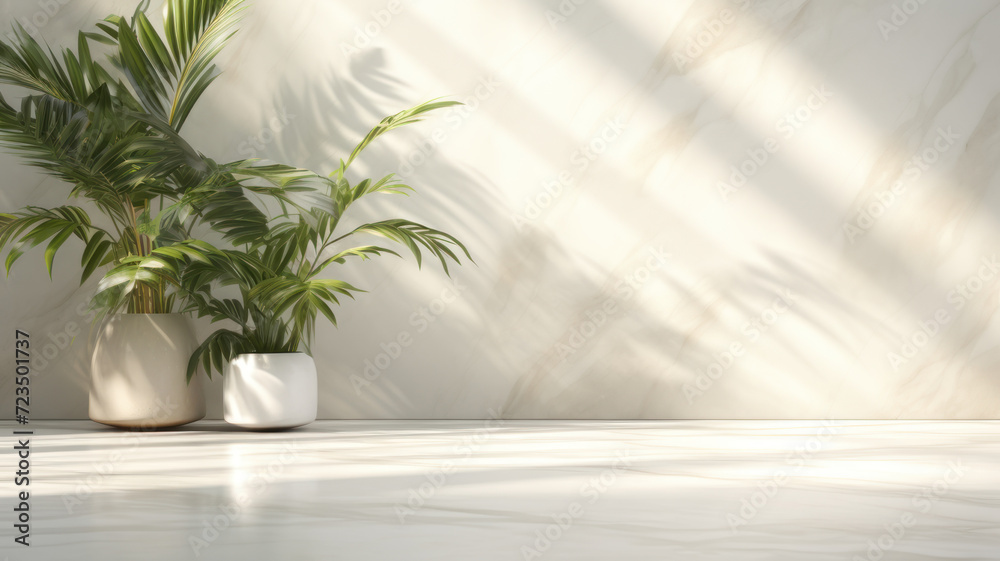 Minimalistic light background with blurred Monstera Deliciosa plant pot shadow on a light wall. Beautiful background for presentation with with marble floor Minimalistic light background with blurred Monstera Deliciosa plant pot shadow on a light wall. Beautiful background for presentation with with marble floor