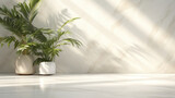Minimalistic light background with blurred Monstera Deliciosa plant pot shadow on a light wall. Beautiful background for presentation with with marble floor