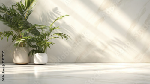 Minimalistic light background with blurred Monstera Deliciosa plant pot shadow on a light wall. Beautiful background for presentation with with marble floor © wiparat