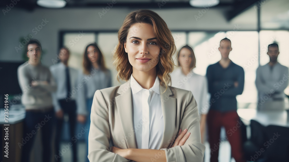 Successful business woman standing creative office Successful business woman standing creative office