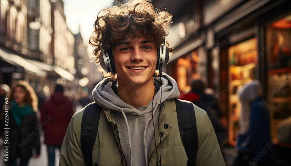 Young adult smiling outdoors, listening to music with headphones generated by AI