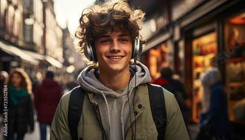 Young adult smiling outdoors, listening to music with headphones generated by AI