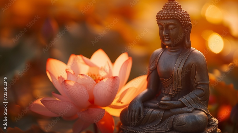 A serene Buddha statue meditating beside a vibrant lotus flower, symbolizing purity and spiritual growth in a peaceful setting.