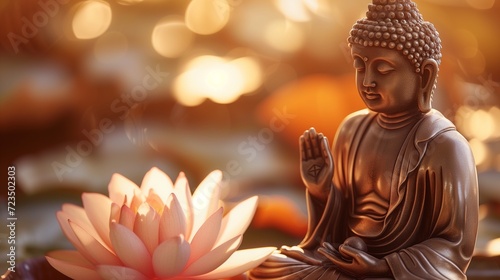 A serene Buddha statue meditating beside a vibrant lotus flower, symbolizing purity and spiritual growth in a peaceful setting.