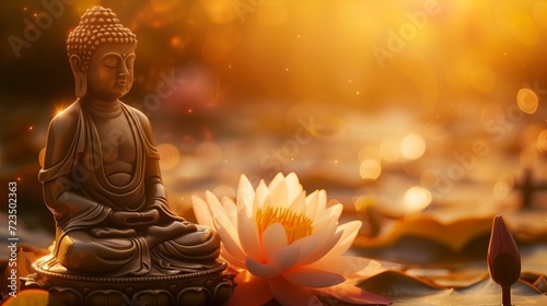 A serene Buddha statue meditating beside a vibrant lotus flower, symbolizing purity and spiritual growth in a peaceful setting.