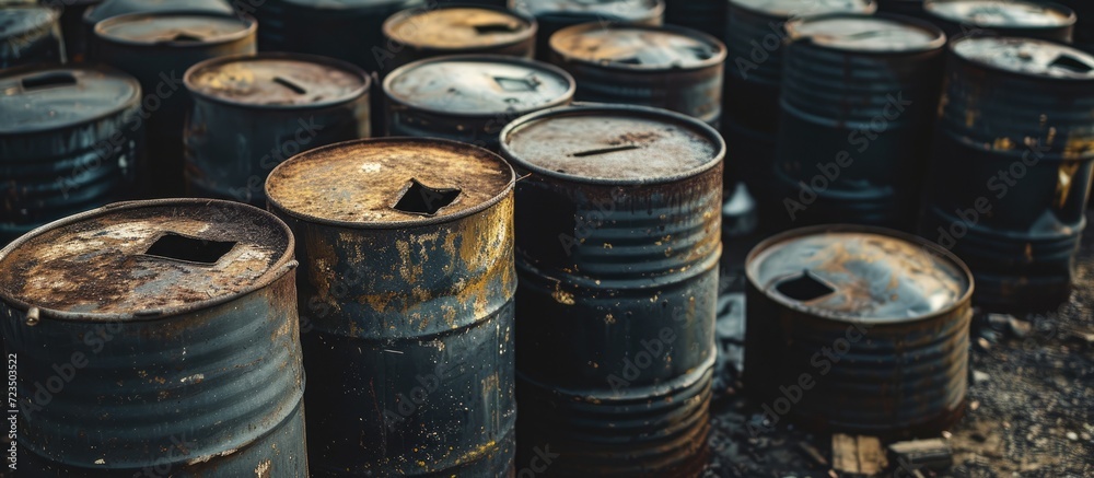 Black metal drums symbolize toxic waste barrels. Black metal drums symbolize toxic waste barrels.