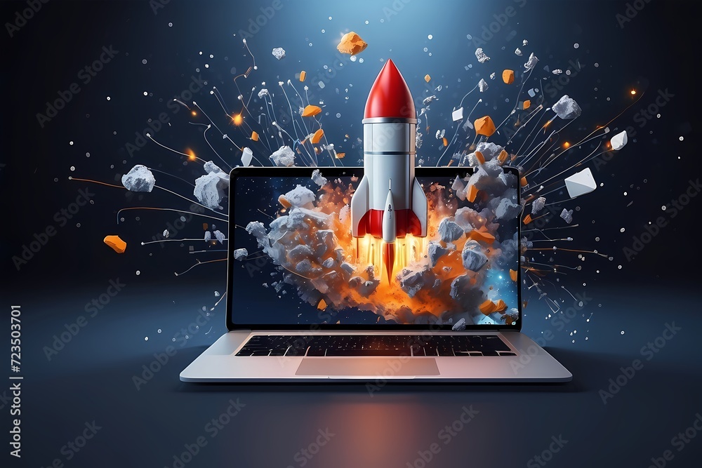 Space rocket shuttle with a cloud of smoke and blast takes off from a laptop on a working office desk. Creative idea and startup. Successful business project. Go outside the frame - obrazy, fototapety, plakaty 