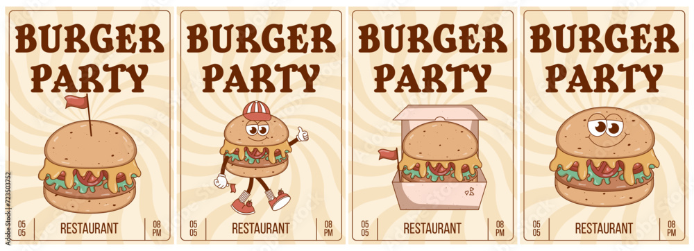 Retro groovy cartoon character Burger party invitation set. Vintage mascot psychedelic smile. Retro colors. Flat style. Funky vector illustration