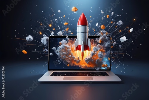 Space rocket shuttle with a cloud of smoke and blast takes off from a laptop on a working office desk. Creative idea and startup. Successful business project. Go outside the frame photo