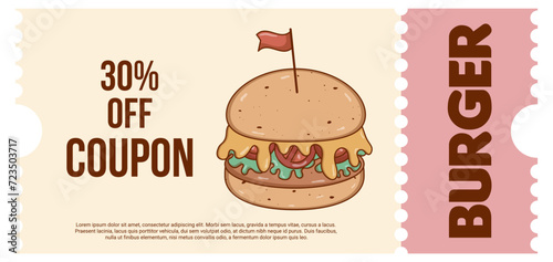 Set Retro groovy cartoon coupon  discount banner  gift voucher with character Burger. Vintage mascot with psychedelic smile. Funky vector illustration