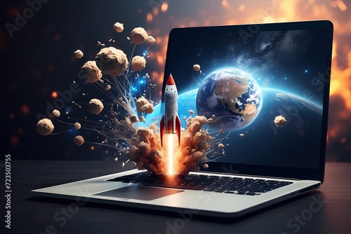 Space rocket shuttle with a cloud of smoke and blast takes off from a laptop on a dark background. Creative idea and startup. Successful business project. Go outside the frame photo
