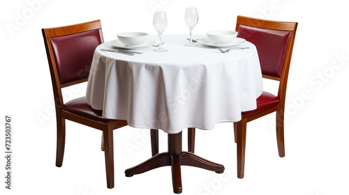 Round restaurant table with a cloth set isolated on transparent and white background.PNG image.