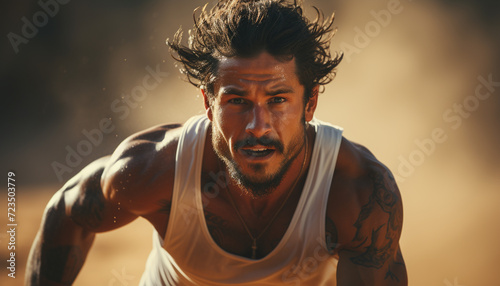 Muscular athlete, determined and confident, running in nature embrace generated by AI