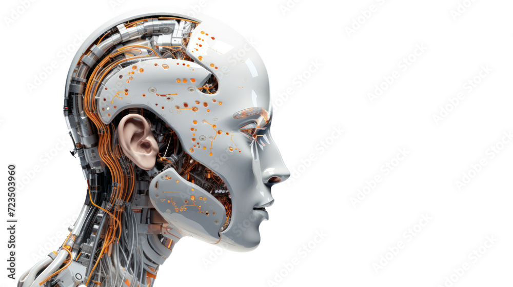 Robot Head with digital graphic Brain Engine isolated on transparent and white background.PNG image.