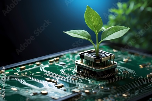 Concept of green technology. green recycle sign on circuit board technology innovations. Environment Green Technology Computer Chip.Green Computing.