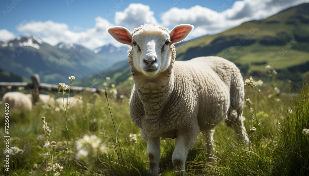 Cute lamb grazing in green meadow on rural farm generated by AI