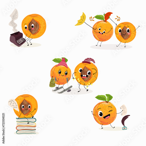 Cute cartoon apricot, peach  character set, collection. Flat vector illustration. Activities, playing musical instruments, sports, funny fruits.