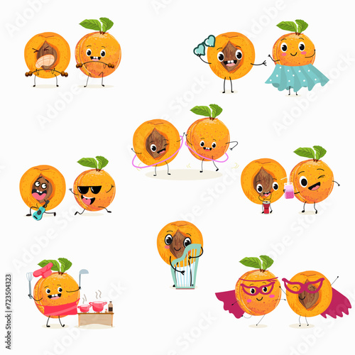 Cute cartoon apricot, peach  character set, collection. Flat vector illustration. Activities, playing musical instruments, sports, funny fruits.