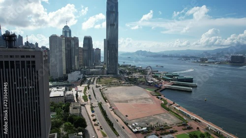 Aerial View of Hong Kong financial hub including Central ,Wan Chai and Admiralty ,a seaside Victoria harbour in Skyline cityscape with city building