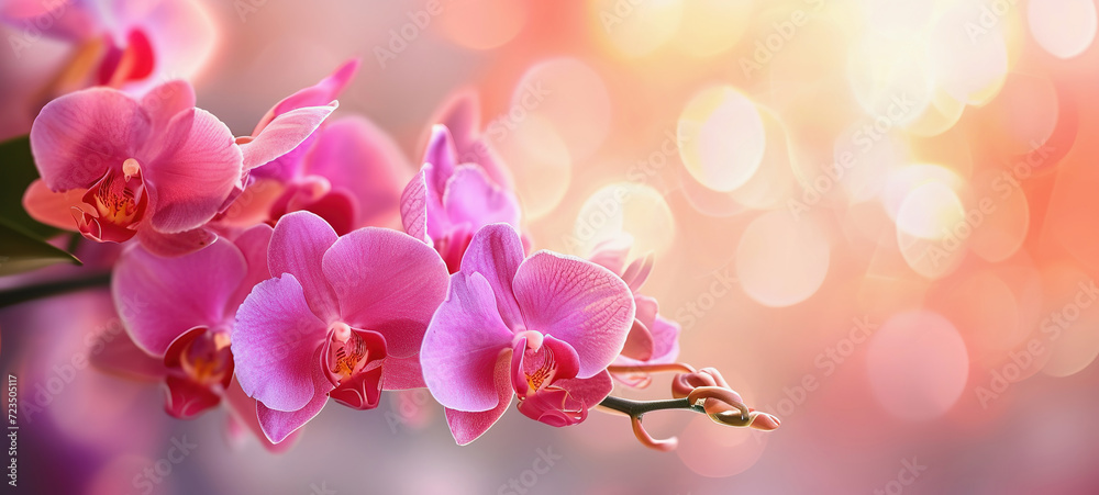 Orchids on soft, dreamy background copy space. Spring summer banner - obrazy, fototapety, plakaty 