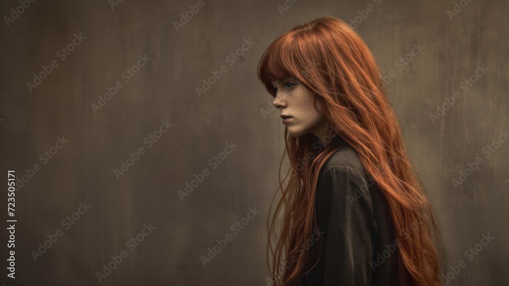 A studio portrait of a woman with long auburn hair standing in profile. There is an expression of isolation in this subtle but dramatic pose. A studio portrait of a woman with long auburn hair standing in profile. There is an expression of isolation in this subtle but dramatic pose.