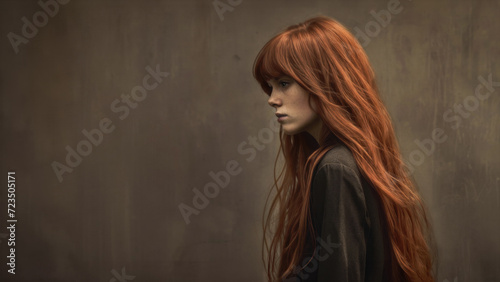 A studio portrait of a woman with long auburn hair standing in profile. There is an expression of isolation in this subtle but dramatic pose.