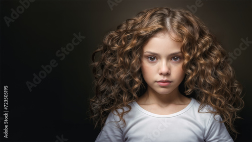 A portrait of a young pre-teen with long curly brown hair. She has a healthy complexion and is wearing a white t-shirt. photo