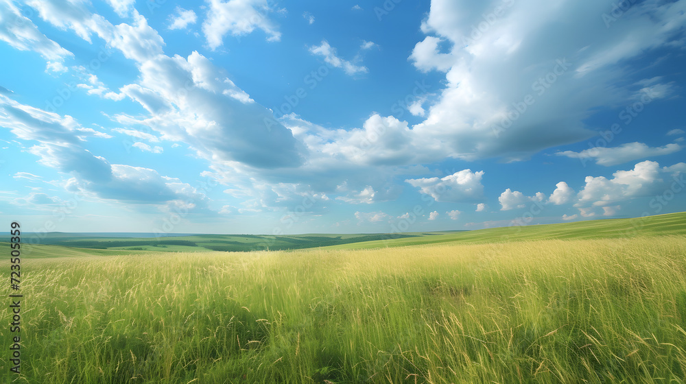 Illustration background, Beautiful grassy fields and summer blue sky with fluffy white clouds in the wind