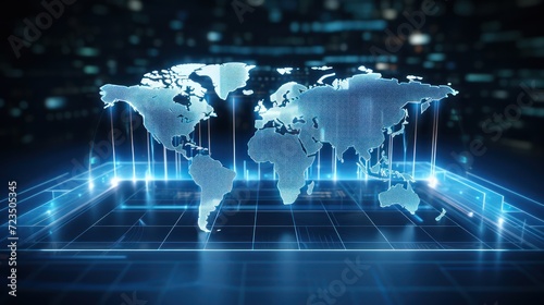 Fototapeta Naklejka Na Ścianę i Meble -  A holographic of digital world map display, minimal gradient light blue background, wide shot.