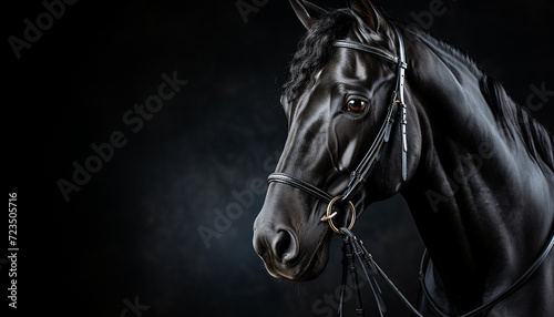 Beautiful black stallion with a sleek mane and focused eyes generated by AI