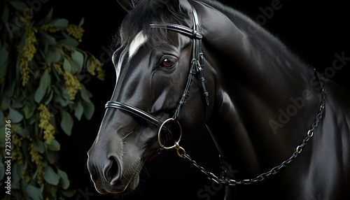 Beautiful black stallion in nature, elegance and beauty in motion generated by AI