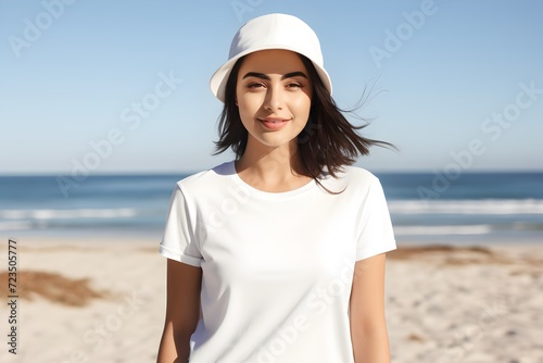 Girl on the beach wearing a white T shirt and a hat. T-shirt mockup. © Keashan
