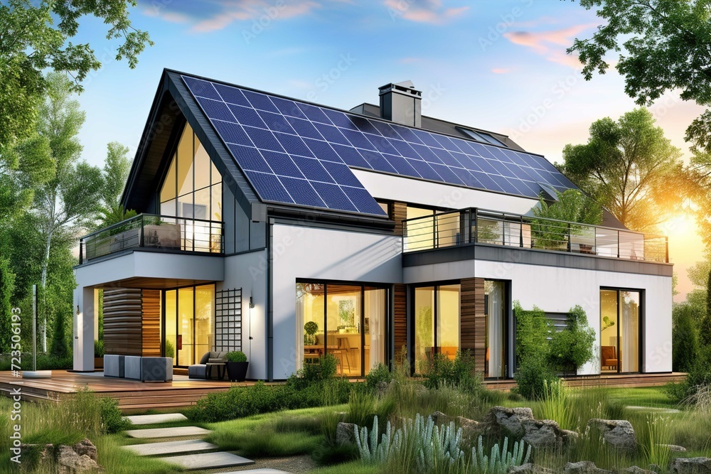 New suburban house with a photovoltaic system on the roof. Modern eco friendly passive house with landscaped yard New suburban house with a photovoltaic system on the roof. Modern eco friendly passive house with landscaped yard