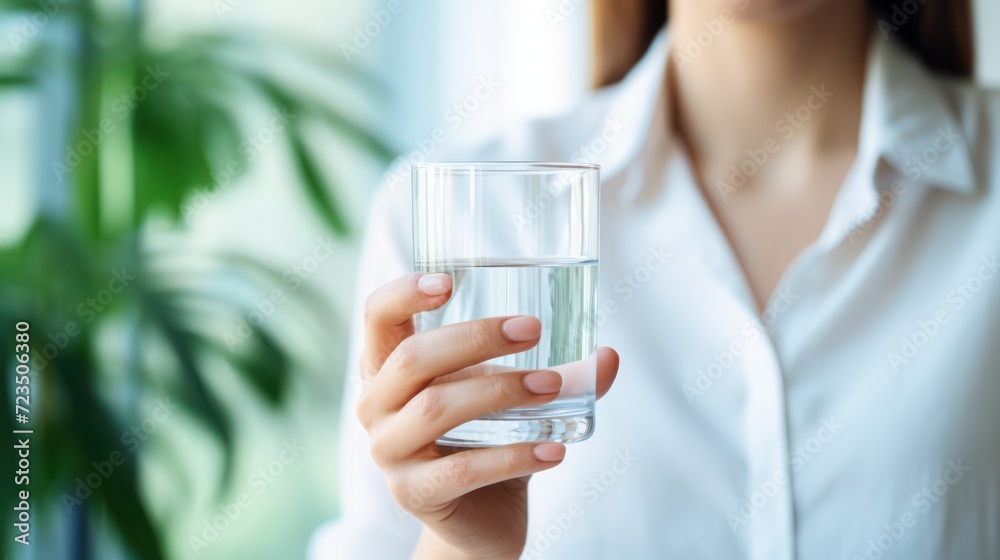 A Health concept. Horizontal banner image, on foreground caucasian female hand holds glass of clear water give to camera smiling selective close up focus.