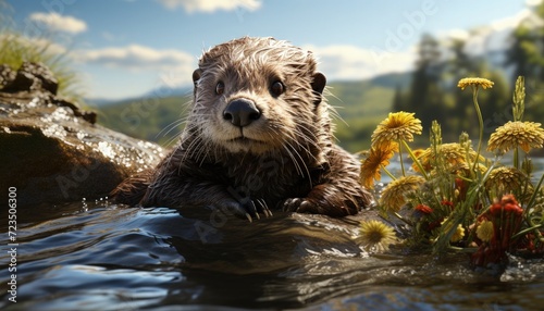 A playful otter sliding down a riverbank © Mahenz