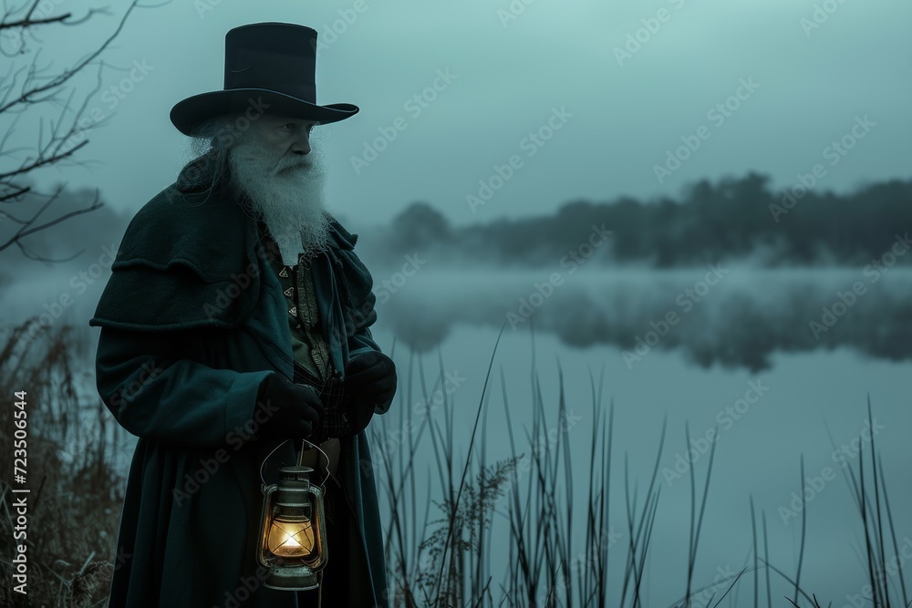 Atmospheric photo of a man as a leprechaun, standing by a foggy lake at dawn. He's in traditional attire with a lantern in hand, looking contemplative.  - obrazy, fototapety, plakaty 