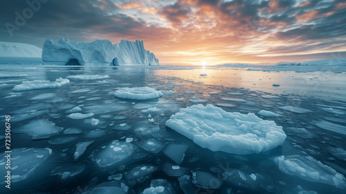 melting iceberg in the sea at sunset, International Earth day climate change and global warming concep photo