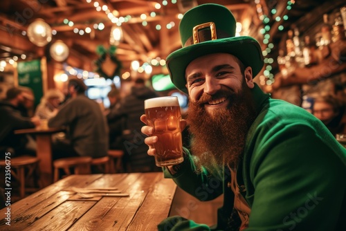 Candid photo of a man as a leprechaun, laughing heartily while holding a pint of beer. He's in full leprechaun attire, seated at a rustic wooden table. Irish pub interior