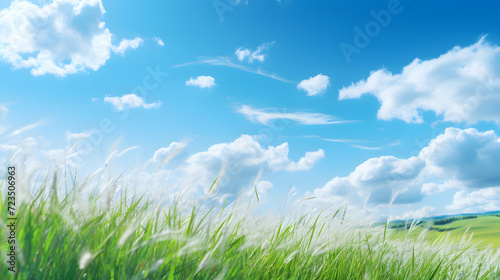 Illustration background  Beautiful grassy fields and summer blue sky with fluffy white clouds in the wind