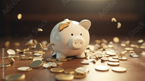 A ceramic piggy bank that's neatly cracked open, two separate piles of coins on either side, photo, realistic.