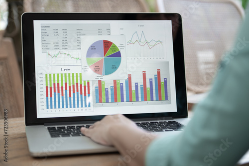 Data Analyst (DA) uses Data Analysis Tool to summarize in-depth information for set strategies, investment, financial planning and business trends. photo
