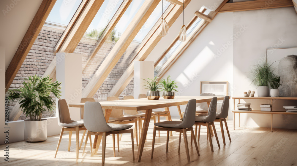 Fototapeta premium A Minimalist interior design of a modern Dining table and chairs in a clear loft with wooden beams in the dining room, a room with morning sunlight streaming through the window.