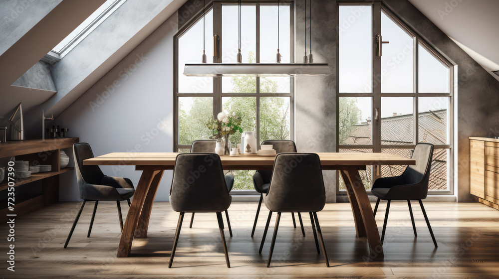 Fototapeta premium A Minimalist interior design of a modern Dining table and chairs in a clear loft with wooden beams in the dining room, a room with morning sunlight streaming through the window.
