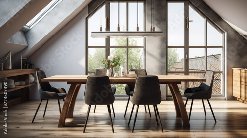 A Minimalist interior design of a modern Dining table and chairs in a clear loft with wooden beams in the dining room, a room with morning sunlight streaming through the window. © Phoophinyo