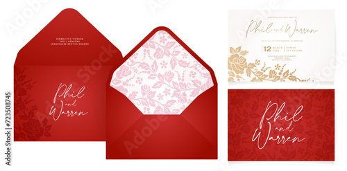vector illustration red and gold wedding invitation envelope set with a floral flower rose design for Stationery, Layouts, collages, scene design, event flyer, Holiday celebration cards paper printing