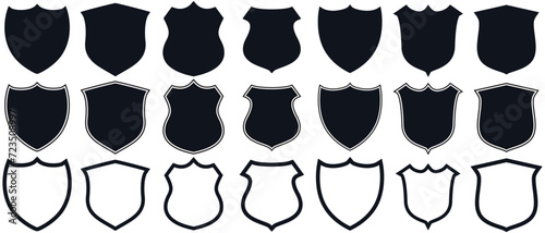 Shield icon set in vintage style. Protect shield security line icons. Badge quality symbol, sign, logo or emblem. Vector illustration