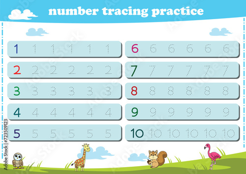 Writing practice for kindgarten kids. Number tracing worksheet with wildlife animals. Vector illustration